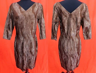 Vintage 1960s Brown Gold Lame Swirl Damask Brocade Wiggle Sheath Cocktail Dress - Image 1 of 3