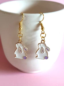 Sweet White/Purple Bunny Rabbit Gold Plated Earrings - Picture 1 of 9