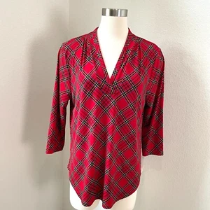 NEW $49 Charter Club Womens Petite XL Plaid Red Blouse 3/4 Sleeve V Neck Shirt - Picture 1 of 12