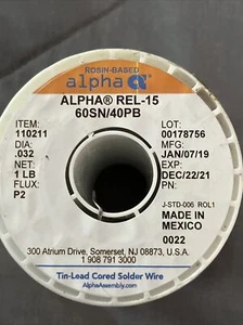 60SN/40PB Alpha REL-15 Tin - Lead Solder Wire 1 lb 1LB spool roll 0.032 diameter - Picture 1 of 3
