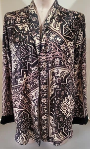 Johnny Was Womens 1/3 Sleeve Paisley Floral Blouse Top Medium Black Beige Silk - Picture 1 of 9