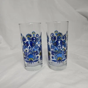 Mid Century Glaswaren Kobaltblau Vögel und Blumenmuster Trinkgläser MCM - Bild 1 von 9