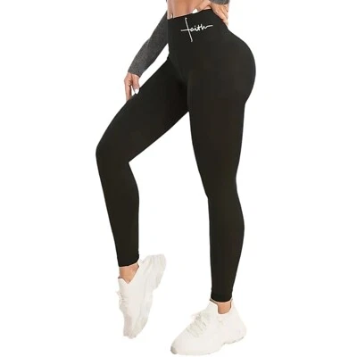 MANANGO Damen Sport Leggings High Waist Fitness Yoga Hose mit Schriftzug Blickdicht Sexy