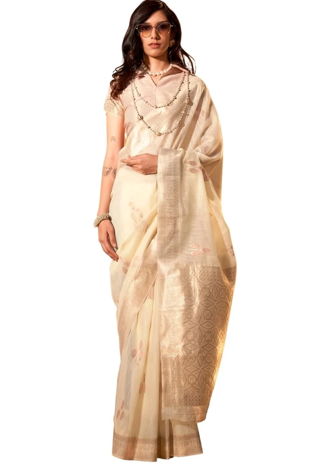 Para Mujer Kanjivaram Suave Algodón Lino Seda Sari Con Blusa Pieza Sin Costuras Foto 1 de 1