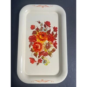 Vtg Floral Metal Tray Vintage Cream With Flowers Cottagecore Chic Shabby Chic - Picture 1 of 4