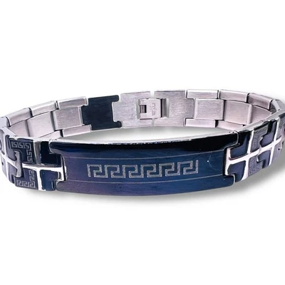 Stainless Steel Greek Key Polished Black Tone Mens Link 12.9mm ID Bracelet 8.75" - Image 1 of 4