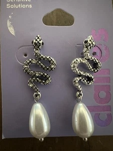 Claire’s sensitive ears snake stud dangle pearl & rhinestone new earring - Picture 1 of 4