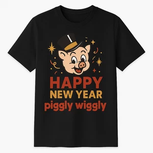 Piggly Wiggly Happy New Year T-Shirt Retro Pig Mascot Graphic Tee - Picture 1 of 3