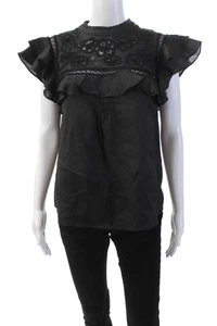 Blusa donna Veronica Barba girocollo con volant ricami floreali blu taglia 4 - Foto 1 di 6
