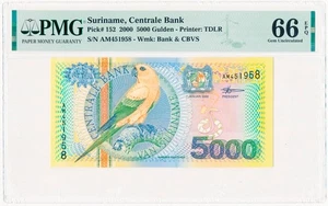 SURINAME 5000 GULDEN PICK 152 PAPAGEIENVOGEL 2000 PMG 66 GEM UNC EPQ - Bild 1 von 2