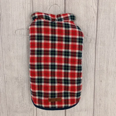 Eddie Bauer Dog Coat Large Navy Red Tartan Plaid Fleece Lined Jacket 35-65lb - Image 1 of 4