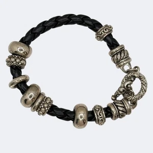 Vintage Black Braided Leather Bracelet with Silver-Tone Beads & Toggle Clasp - Picture 1 of 9