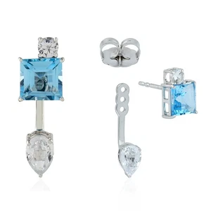 Orecchini giacche con zaffiro 4,31 ct oro bianco 18 carati topazio gioielli - Foto 1 di 6