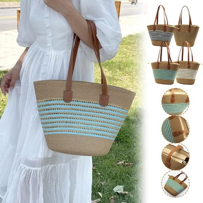 Handwoven Handbag Large Capacity Straw Woven Bag Tote Shoulder Beach Bag Striped - Image 1 of 4