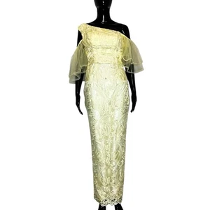 African Nigerian Lace Women Form Fitting Long Yellow Formal Gown/Dress - Picture 1 of 5