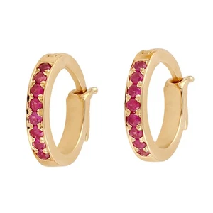 Natural Ruby Hoop Earrings For Women 18k Solid Yellow Gold Handmade Jewelry - Picture 1 of 6