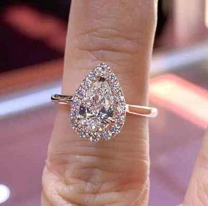 1.65Ct Pear Cut Lab Created Diamond Halo Engagement Ring 14k Rose Gold Plated - Picture 1 of 4