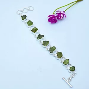 Natural Raw Peridot Gemstone Chain Bracelet 925 Sterling Silver Jewelry For Gift - Picture 1 of 5