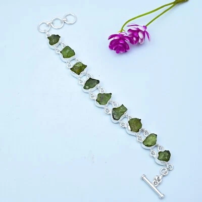 Natural Raw Peridot Gemstone Chain Bracelet 925 Sterling Silver Jewelry For Gift - Image 1 of 4