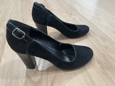 Bolso de salón vintage Y2K de madera con tacón de 3,5" de gamuza negro para mujer talla 7,5 tan lindo Foto 1 de 4