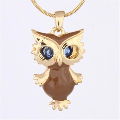 Gold Plated Brown Enamel Horned Owl Pendant Necklace P893 - Image 1 of 3