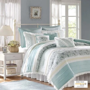 Madison Park Dawn 9 Piece Cotton Percale Print Duvet Cover Set Queen King - Picture 1 of 8