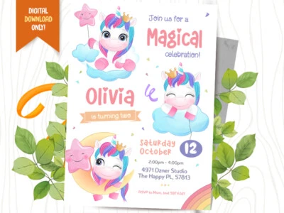 Unicorn DIGITAL Invite + FREE Thank You Card, Unicorn Party Card - YOU PRINT - Image 1 of 2