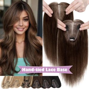 Free Part Real Remy Human Hair Piece Topper Thin Lace Hairpiece Wiglet Toupee 9A - Picture 1 of 36