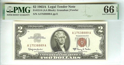 1963-A LEGAL TENDER $2 NOTE~ PMG MS-66 ~ RED SEAL ~ AA BLOCK~ GRANAHAN / FOWLER Cover