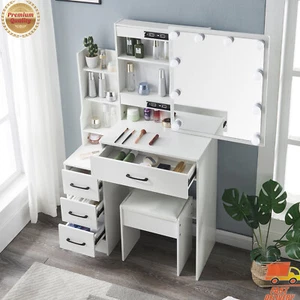 Makeup Vanity Table Set w/ 10 LED Lighted Mirror 4 Drawers & Stool Dressing Desk - Picture 1 of 12
