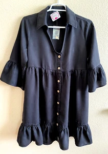 C'EST TOI V-Neck Butten-up Black Dress, 3/4 Ruffled Sleeve size S - Picture 1 of 3