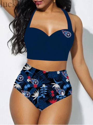 Tennessee Titans Women's 2PCS Bikini Set Push Up Swimsuit Beach Halter Swimwear Cover