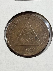 1929 Nicaragua 1 Centavo Bronze Coin - Picture 1 of 4