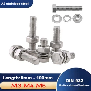 M3 M4 M5 Hexagon Set Screws Fully Threaded Bolts +Nuts +Washers Stainless Steel - Picture 1 of 47