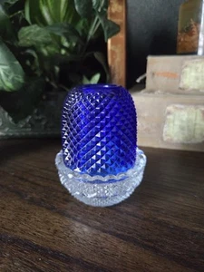 Vintage Mosser Glass Cobalt Blue Fairy Lamp – Diamond Point Pattern, Clear Base - Picture 1 of 7