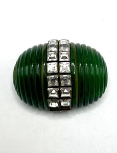 Vintage Sterling Silver Rhinestone And Green Bakelite Dress Clip - Picture 1 of 6