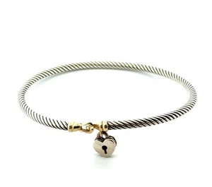 6.5” x 3mm 925 Sterling Silver & 18k Gold Heart Lock Charm Cable Buckle Bracelet - Picture 1 of 10