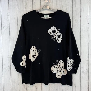 VTG The Quacker Factory Black Butterfly Knit Pullover Crew Sweater Plus Size 3X - Picture 1 of 11
