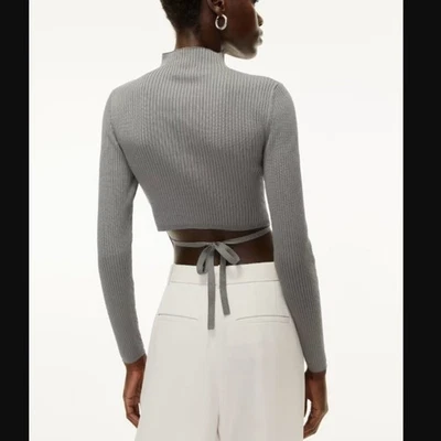 Aritzia Babaton Sculpt Knit Tie Back Rib Knit Mock Neck Long Sleeve Gray NEW - Image 1 of 4