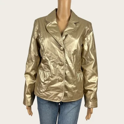 KC Collections Size LARGE Shiny Metallic Gold Faux Leather Blazer Jacket - Image 1 of 4