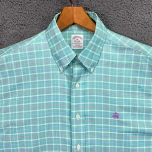 Brooks Brothers Men’s Oxford Shirt M Windowpane Green Purple Logo Long Sleeve - Picture 1 of 19