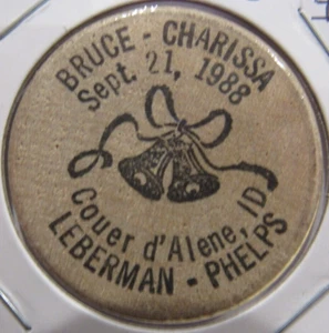 1988 Bruce & Charissa Coeur D'Alene, ID Wooden Nickel - Medaille Idaho - Bild 1 von 2