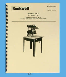 Rockwell / Delta 12" Radial Arm Saw Operator and Parts List Manual  * 876 - Picture 1 of 4