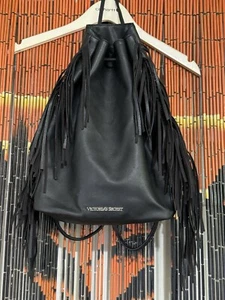 Victoria's Secret Black Fringe Knapsack Backpack Cinch Bag Faux Leather - Picture 1 of 6