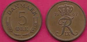DÄNEMARK 5 ORE 1967 C-S FREDERIK IX,CROWNED F IX R MONOGRAM,DIVES DATE  - Bild 1 von 1