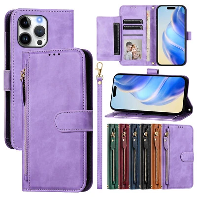 For iPhone 16 Pro Max 15 14 13 12 Leather Card Purse Wallet Flip Case with Strap - Image 1 of 4