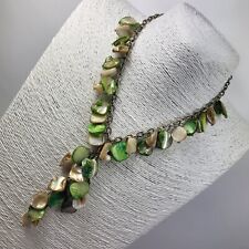 Statement Y-Drop Necklace Green Shell Nuggets Silver Tone Chain Jewellery 