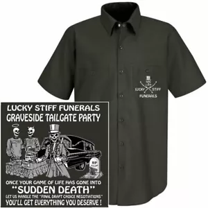 LUCKY STIFF FUNERALS GRAVESIDE ANGEL DEVIL SUDDEN DEATH TAILGATE PARTY WORKSHIRT - Picture 1 of 12