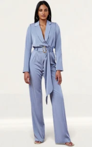 Lexi Jumpsuit AUS 8 US4 Rafaella Steel Blue Twill Satin NEW Plunge Neck Belted - Picture 1 of 9