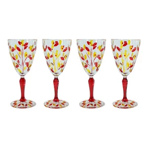 Set of Four 4 Murano Glass Wine Red Yellow Floral Hand Painted Venice Italy - Picture 1 of 7